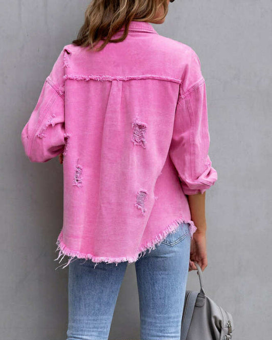 Veste en Jean Effilochée – Coupe Décontractée