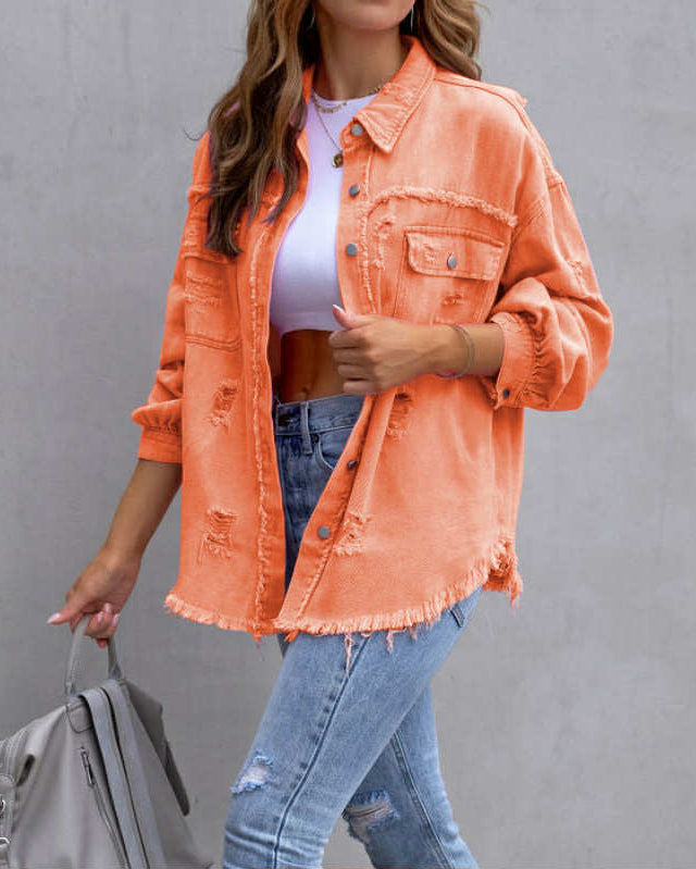 Veste en Jean Effilochée – Coupe Décontractée
