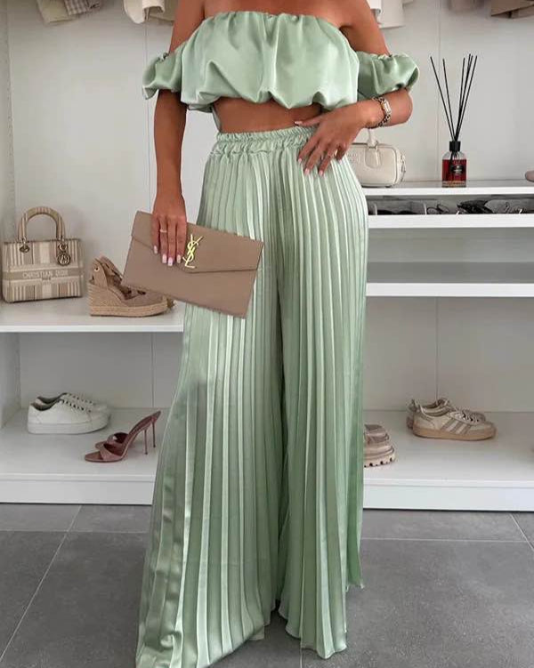 Ensemble satiné plissé 2 pièces – Élégance glamour & silhouette fluide