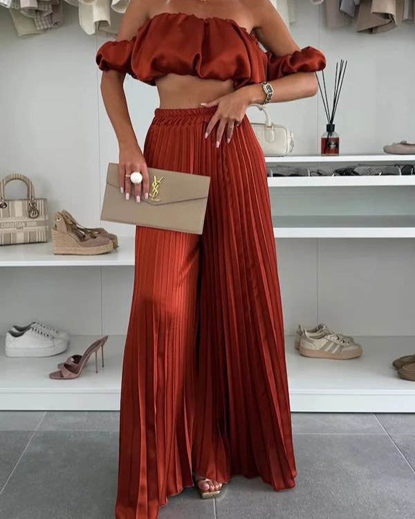 Ensemble satiné plissé 2 pièces – Élégance glamour & silhouette fluide