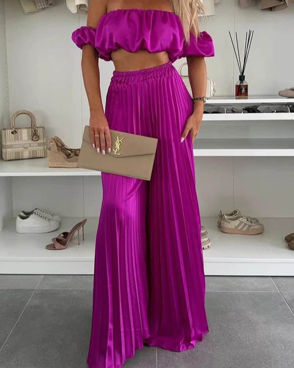 Ensemble satiné plissé 2 pièces – Élégance glamour & silhouette fluide