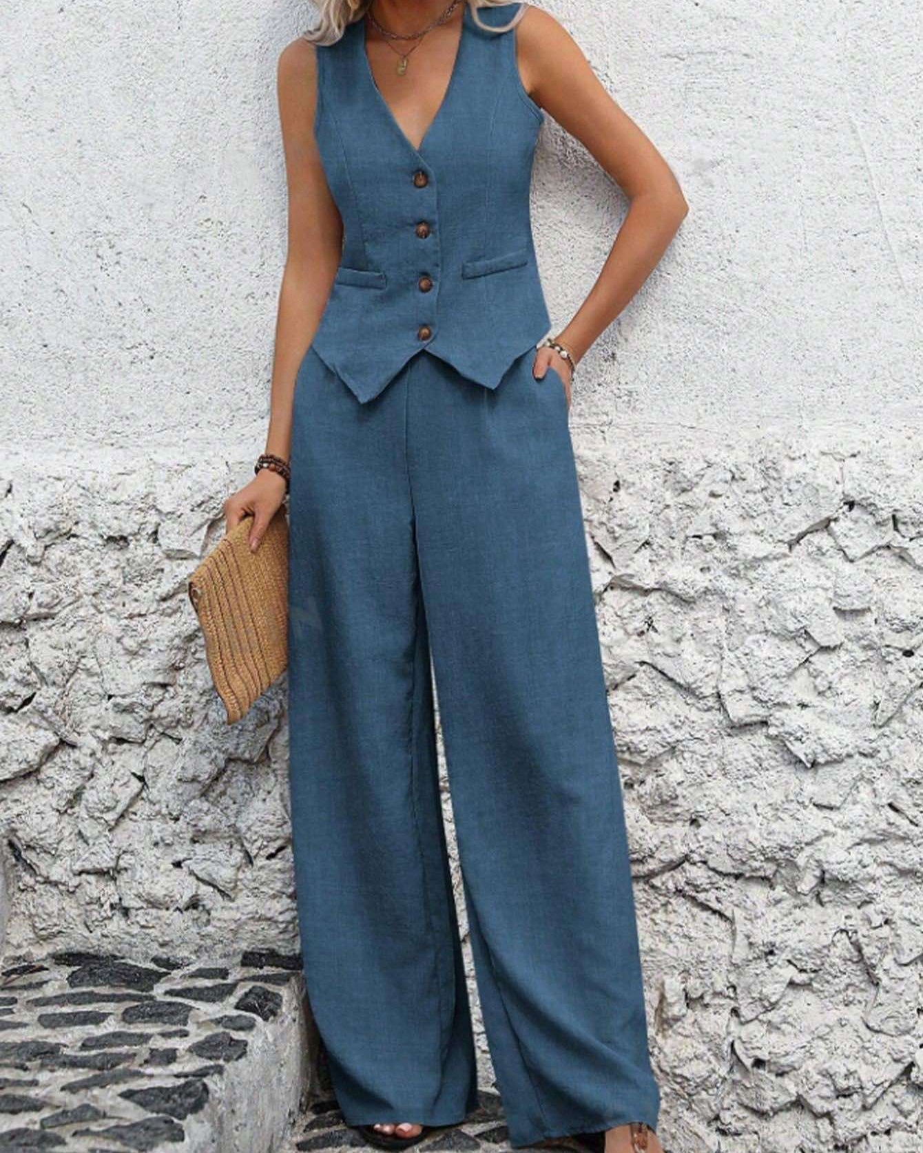 Ensemble Élégance Riviera – Gilet Structuré & Pantalon Palazzo Bleu Ardoise