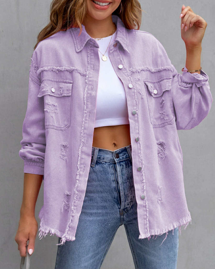 Veste en Jean Effilochée – Coupe Décontractée